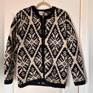VTG VS Sport Womens Small Cream Black Diamond Wool Long Sleeve Full Zip Sweater